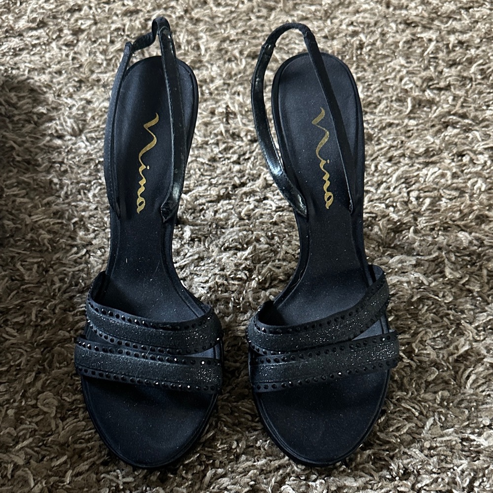 Nina Black Glitter Strappy Heels
